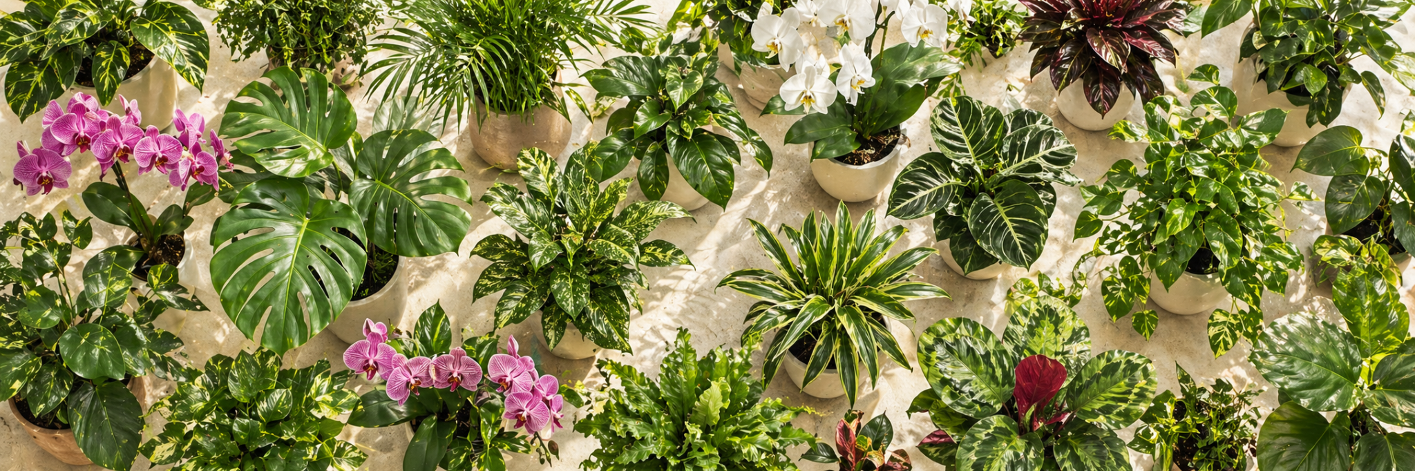 Top down view of potted plants and orchids