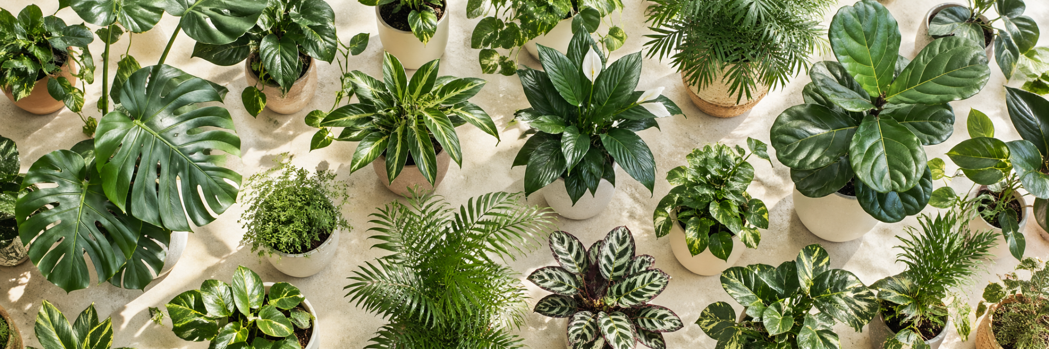Top down view of lush potted green plants